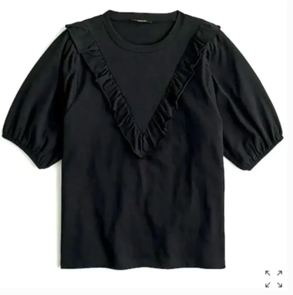 J. CREW NWT Black Short sleeve Ruffle Bib Tee Blouse // S